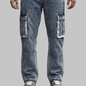 Jean Cargo "Street Style" Bleu Délavé – Détails Peinture et Clous