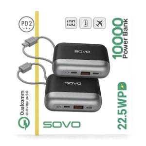 Power Bank SOVO 10000 mAh – Charge Rapide 22.5W PD2, Qualcomm QC 3.0, Câbles Intégrés