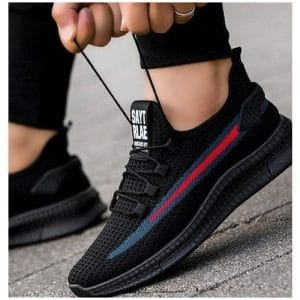 Sneaker Running Mesh Noir – Bande Rouge & Bleue, Style Urbain