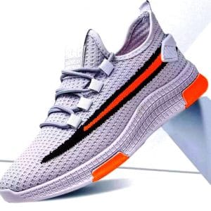 Sneaker Running Homme Mesh – Gris / Bande Orange & Noir, Semelle Légère