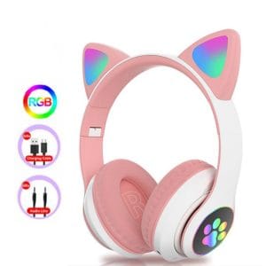 Casque Bluetooth 5.0 Oreilles de Chat LED RGB – Rose & Blanc, 10h d'Autonomie