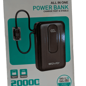 Power Bank SOVO PD-36 20000 mAh – Charge Rapide 22.5W PD, Câbles Intégrés Type-C & Lightning