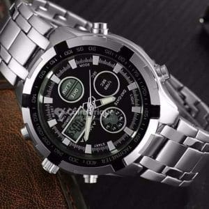 Montre Homme Sport Analogique & Digital – Acier Argent, Rétroéclairage Vert, Multifonction
