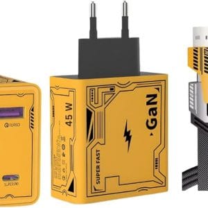 Chargeur Rapide GaN 45W / 185W – 2PD + 2USB, Super Fast Charge + Câble Tressé