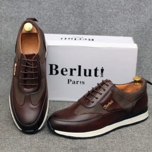 Sneaker Casual Homme Style Berluti Paris – Cuir Marron, Semelle Blanche