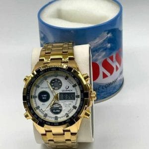 Montre Homme QUAMER – Analogique & Digital, Bracelet Acier Doré, Multifonction