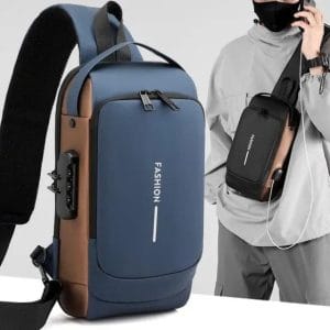 Sacoche Bandoulière Homme Anti-Vol Fashion – Verrou à Code, Port USB, Bleu/Marron