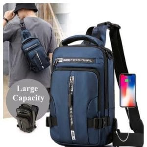 Sac Poitrine Homme Multifonction Professional – Bandoulière Chest Bag Imperméable Bleu marine 30cm