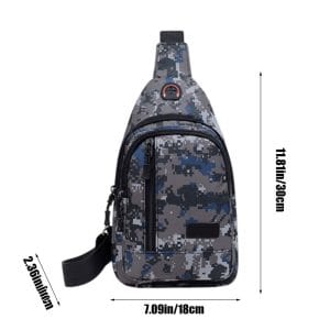 Sac Poitrine Tactique Camouflage Digital Bleu/Gris – Bandoulière, Prise Casque, 30×18cm