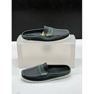 Chaussure Babouche Style Mocassins Bicolores Bleu Nuit et Vert Sapin – Geogra