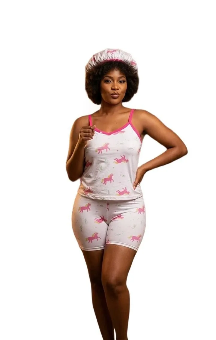 Ensemble Nuit Femme 2 Pièces avec Bonnet -Imprimé Licornes Magiques