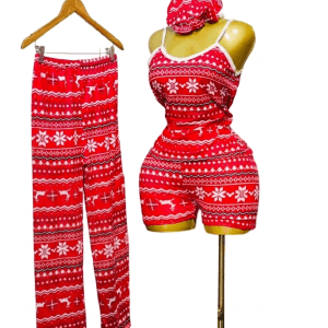 Ensemble Pyjama Femme 3 Pièces - Motif Flocons de Neige et Rennes - Rouge Festif
