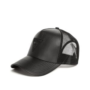 Casquette Trucker Guess en Faux Cuir Noir – Logo Triangle Embossé