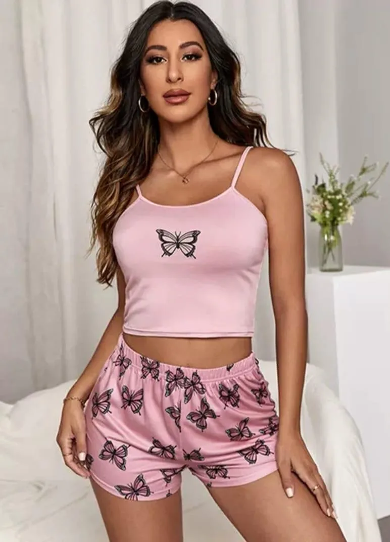 Ensemble de nuit 2 Pièces Rose – Débardeur Ajusté et Short Fluide Imprimé Papillons