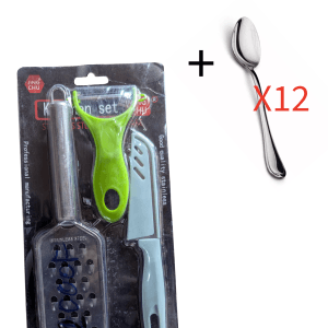 Pack Cuisine Essentiel : Kit 3 Ustensiles (Râpe, Éplucheur, Couteau) + Lot de 12 Cuillères en Acier Inoxydable