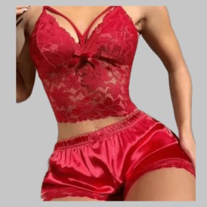 Lingerie de Nuit 2 Pièces Rouge – Caraco En Dentelle Florale et Short En Satin