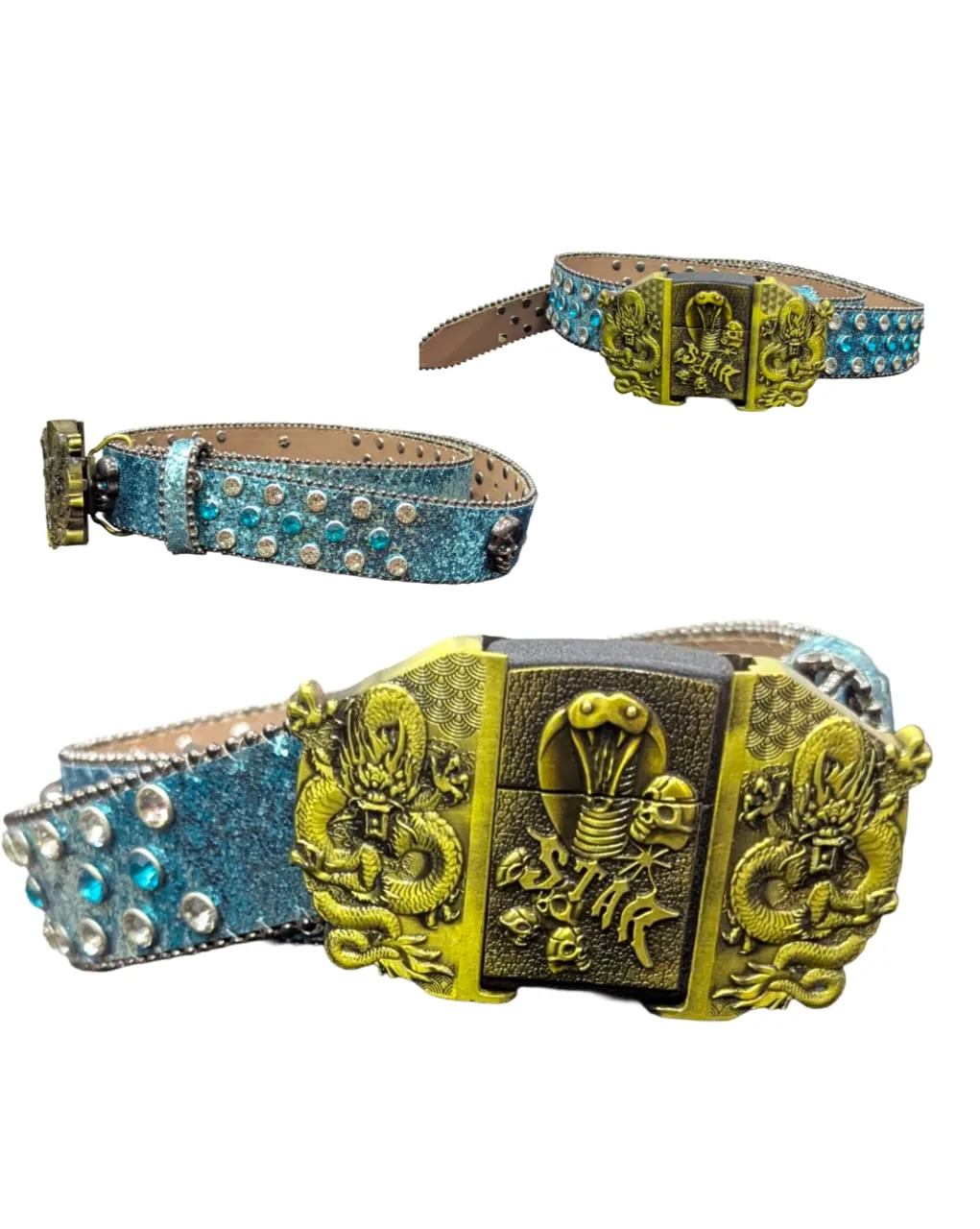 Ceinture Y2K Bleue Pailletée à Strass avec Boucle Plaque "Dragons & Cobra" – Image 2