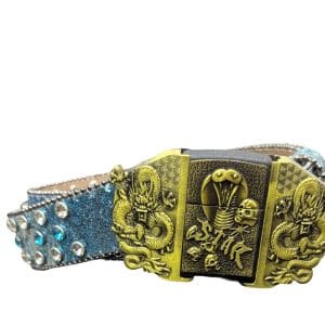 Ceinture Y2K Bleue Pailletée à Strass avec Boucle Plaque "Dragons & Cobra"