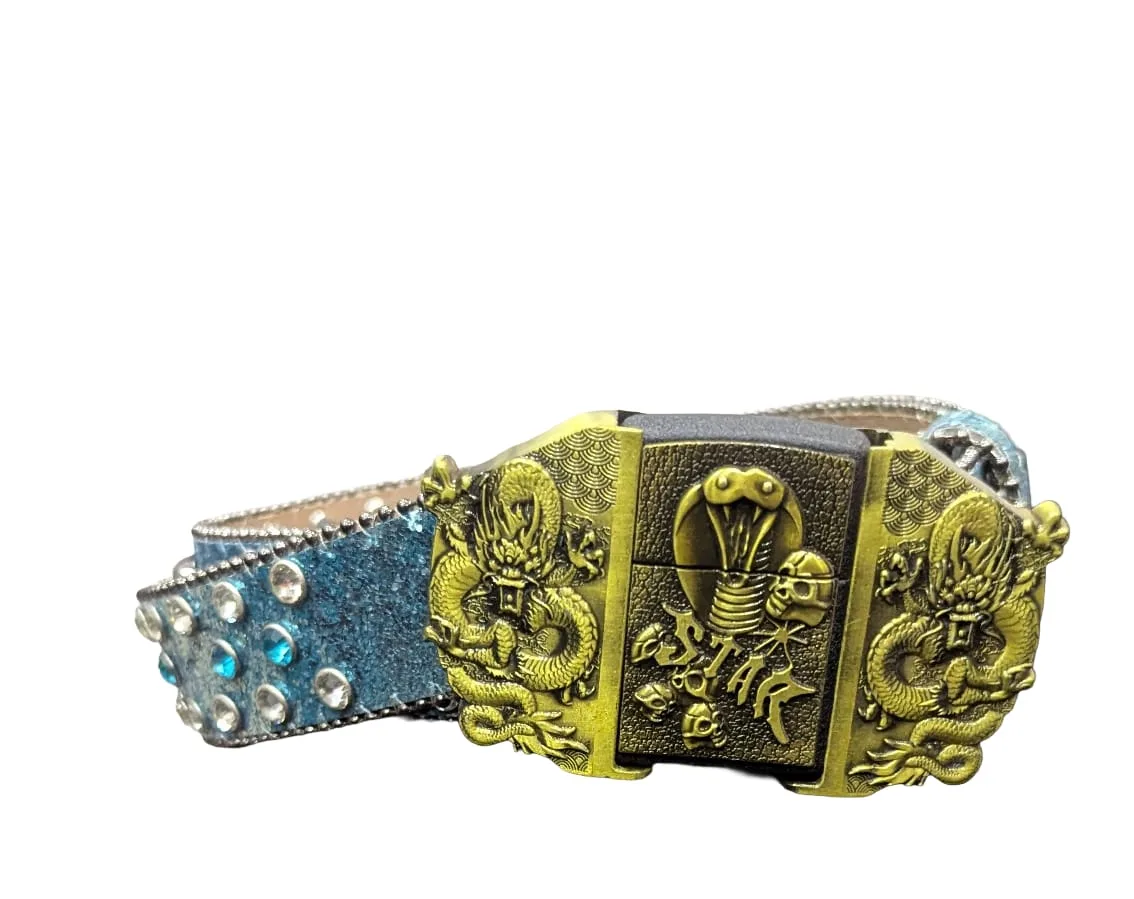 Ceinture Y2K Bleue Pailletée à Strass avec Boucle Plaque "Dragons & Cobra"