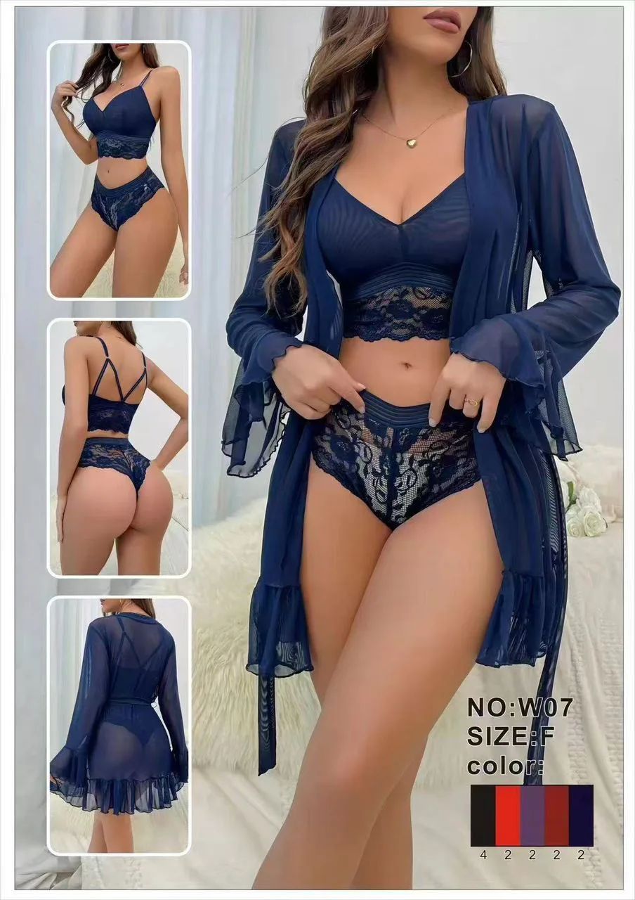 Ensemble Nuisette 3 Pièces avec Kimono en Voile - Modèle W07