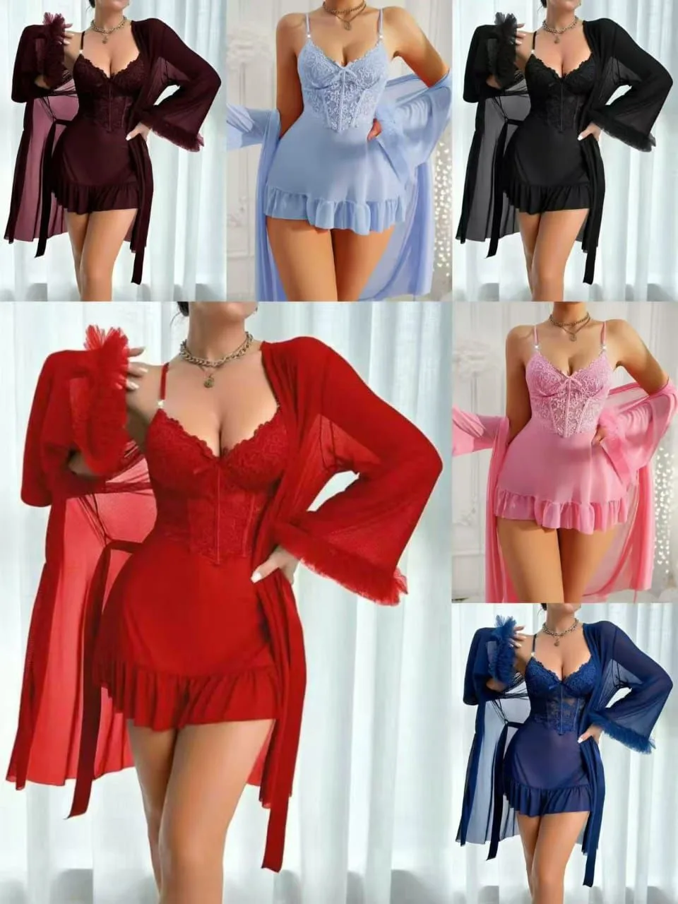 Ensemble Nuisette et Kimono en Voilage et Dentelle - Collection Élégance – Image 2